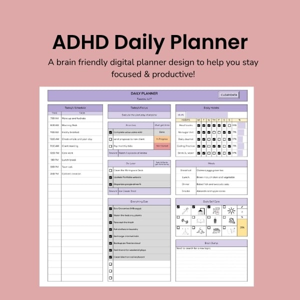 ADHD Daily Planner Google Sheets Template for task management and focus