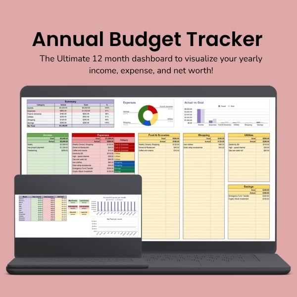 Annual Budget Tracker Google Sheets Template for yearly income and expense tracking