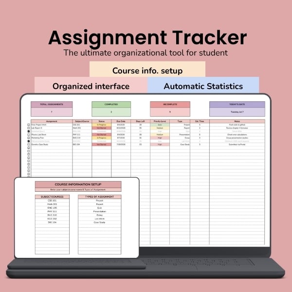 Assignment Tracker Google Sheets Template for students to manage academic deadlines