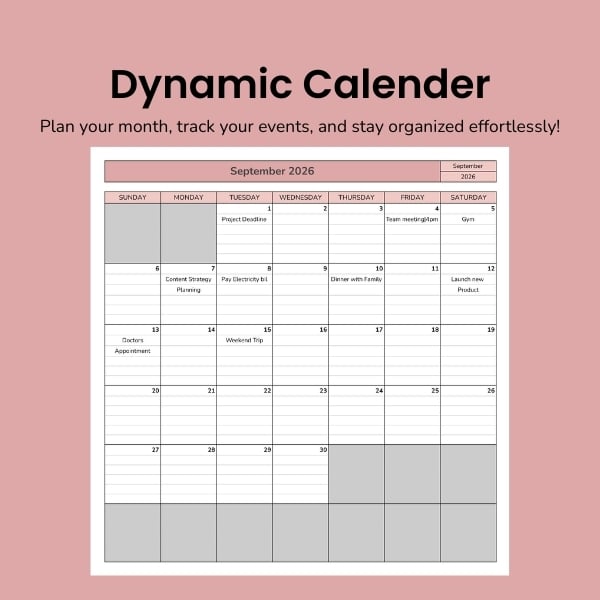 Dynamic Calendar Google Sheets Template for monthly planning and time management