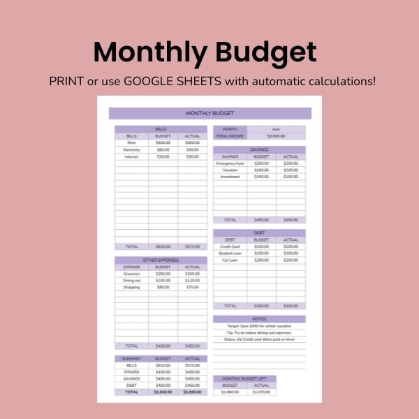Monthly Budget Google Sheets Template for personal finance tracking