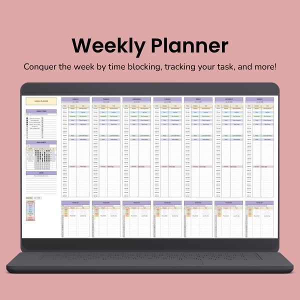 Weekly Planner Google Sheets Template for hourly scheduling and task management
